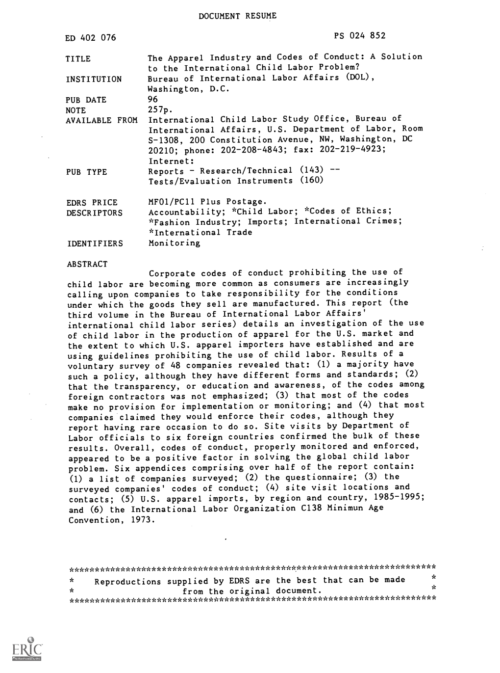 DOCUMENT RESUME the Apparel Industry and Codes of Conduct: a Solution to the International Child Labor Problem? Bureau of Intern