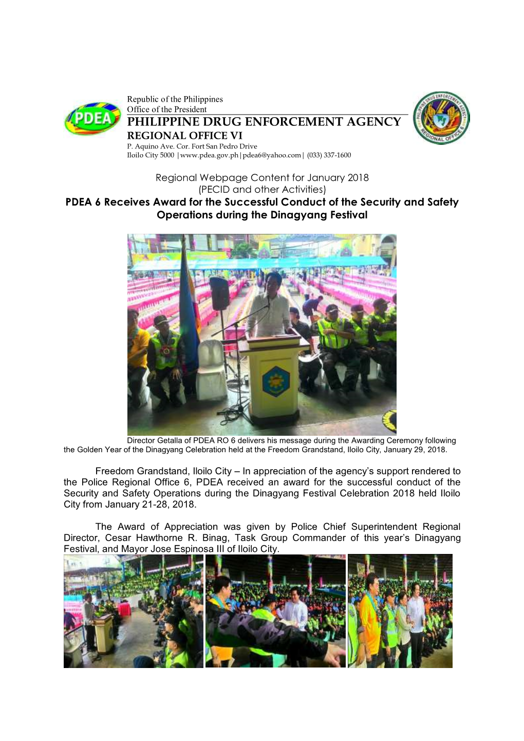 January 2018 (PECID and Other Activities) PDEA 6 Receives Award for the Successful Conduct of the Security and Safety Operations During the Dinagyang Festival
