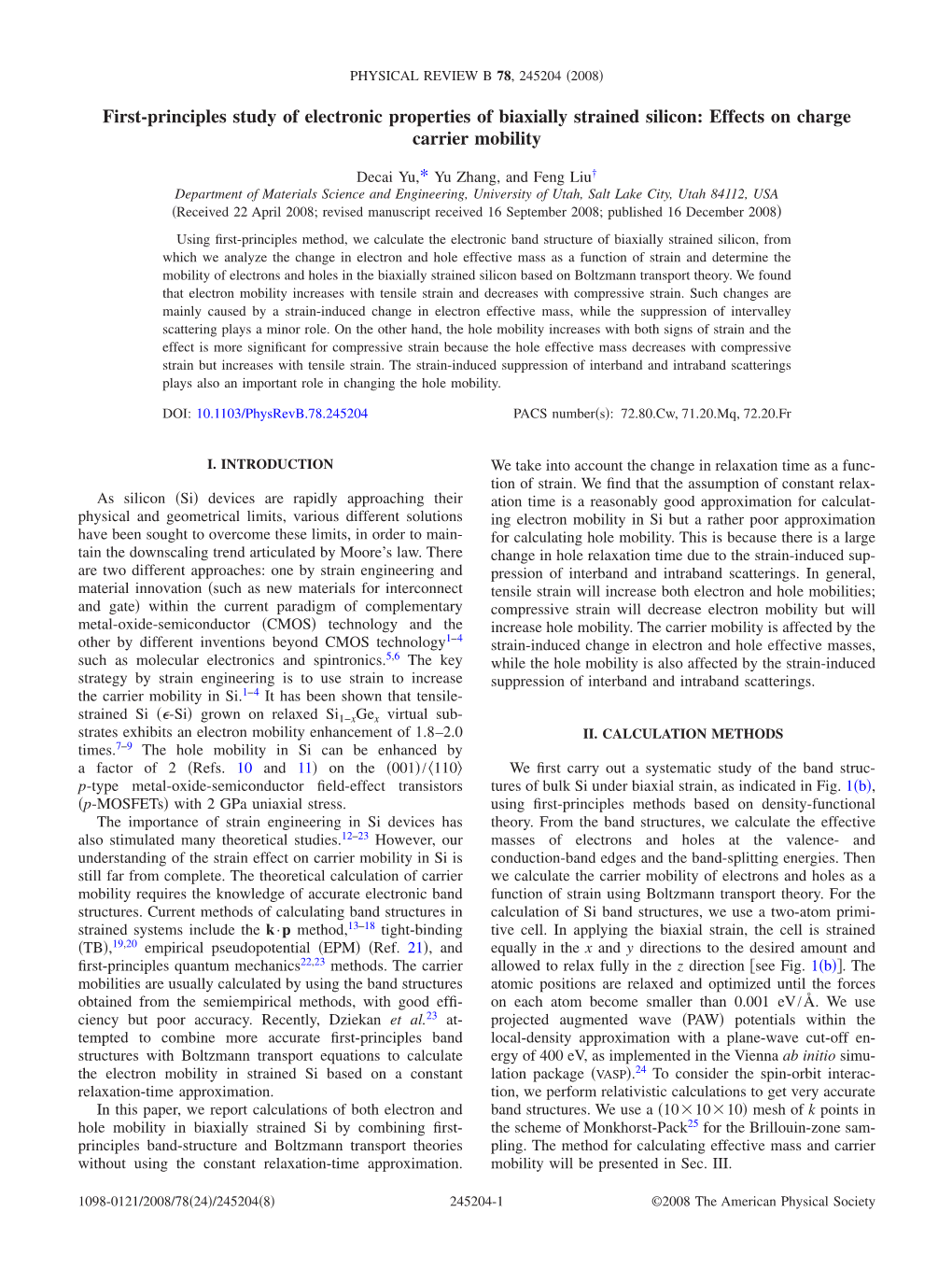 First-Principles Study of Electronic Properties of Biaxially Strained Silicon: Effects on Charge Carrier Mobility