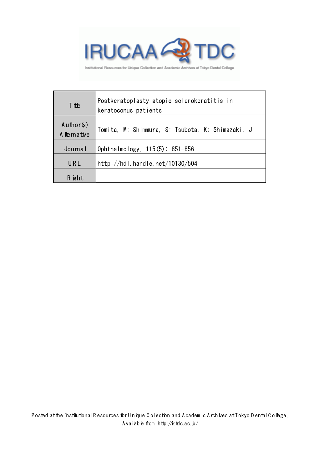 Title Postkeratoplasty Atopic Sclerokeratitis in Keratoconus