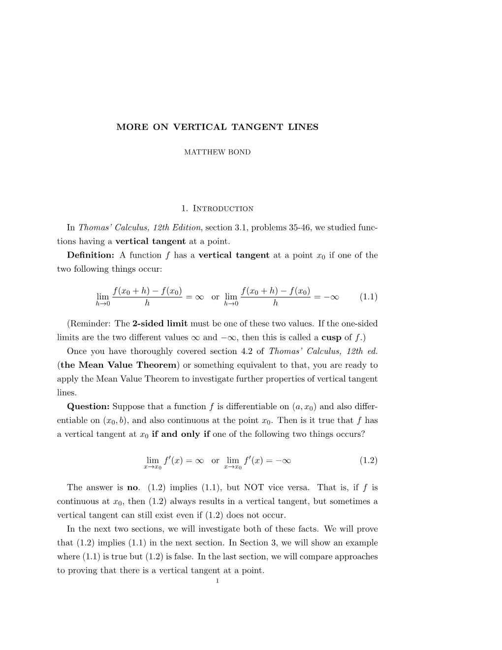 MORE on VERTICAL TANGENT LINES 1. Introduction in Thomas