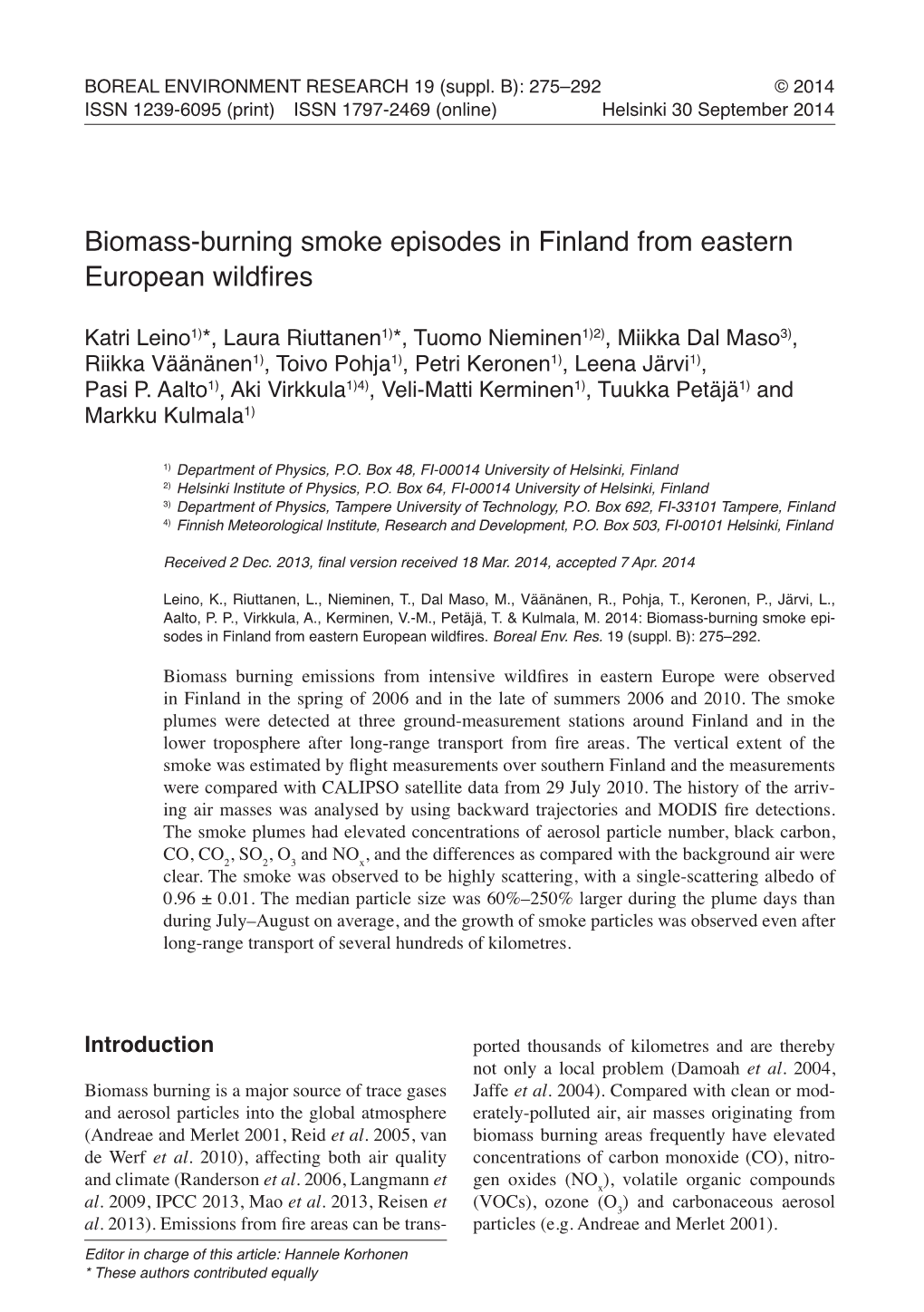 Biomass-Burning Smoke Episodes in Finland from Eastern European Wildfires