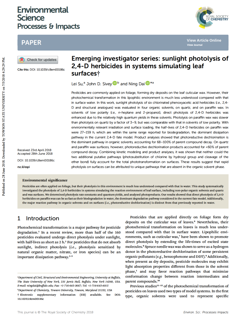 Sunlight Photolysis of 2,4-D Herbicides in Systems Simulating Leaf Surfaces