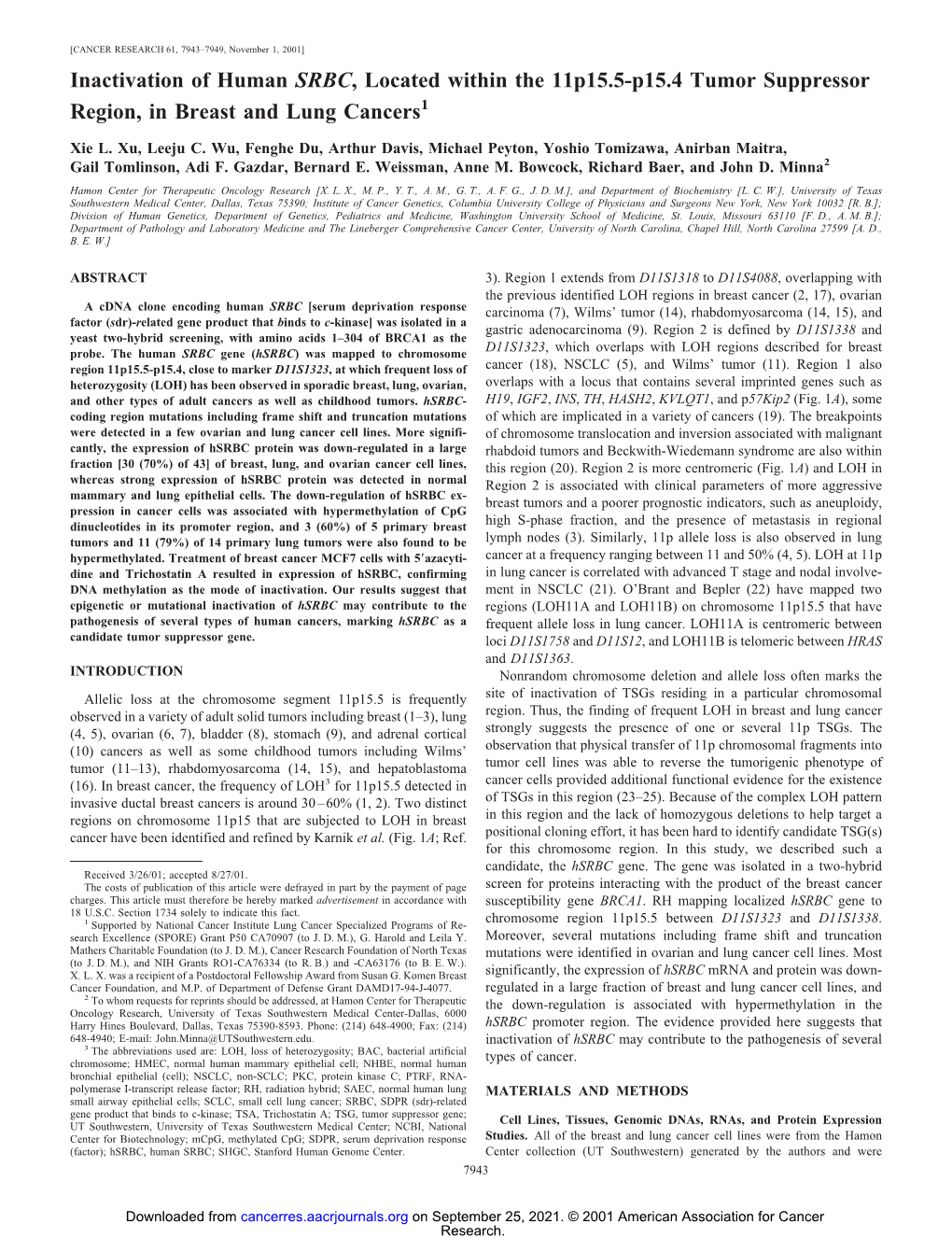 Inactivation of Human SRBC, Located Within the 11P15.5-P15.4 Tumor Suppressor Region, in Breast and Lung Cancers1