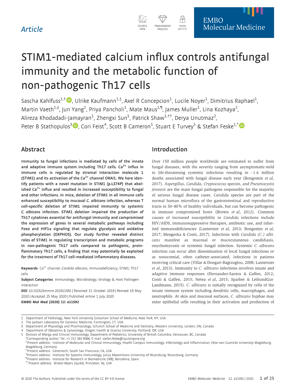 STIM1-Mediated Calcium Influx Controls Antifungal Immunity and the Metabolic Function of Non-Pathogenic Th17 Cells