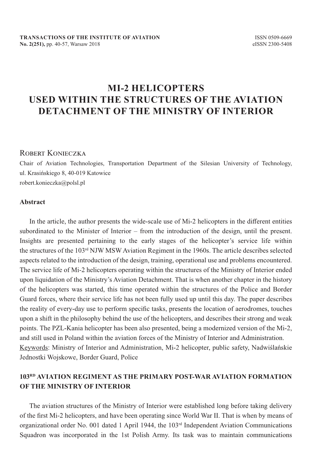 Mi-2 Helicopters Used Within the Structures of the Aviation Detachment of the Ministry of Interior