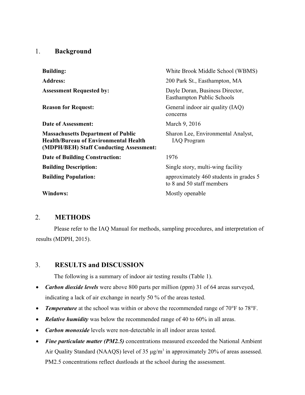 Indoor Air Quality Assessment - White Brook Middle School - Easthampton, MA - April 2016