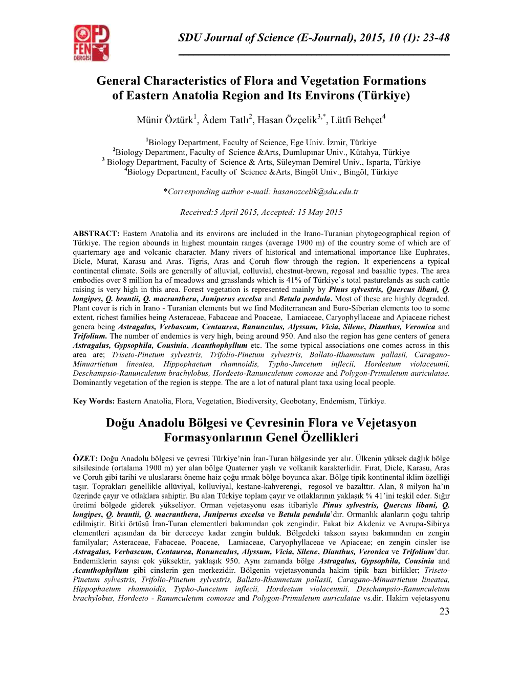 General Characteristics of Flora and Vegetation Formations of Eastern Anatolia Region and Its Environs (Türkiye)