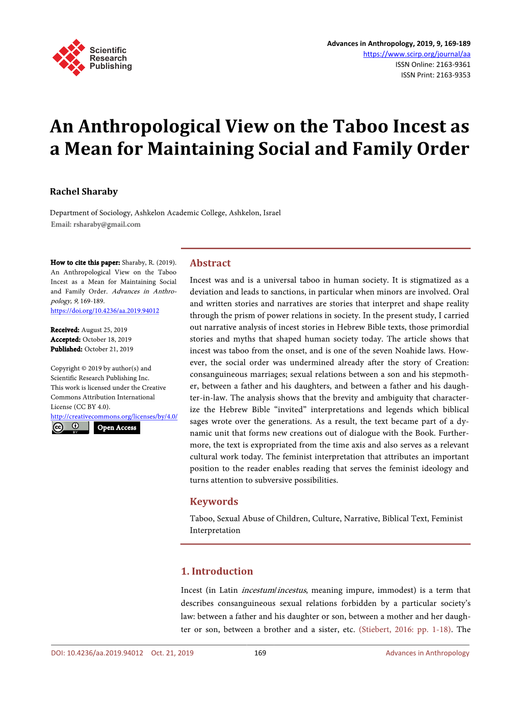 An Anthropological View on the Taboo Incest As a Mean for Maintaining Social and Family Order