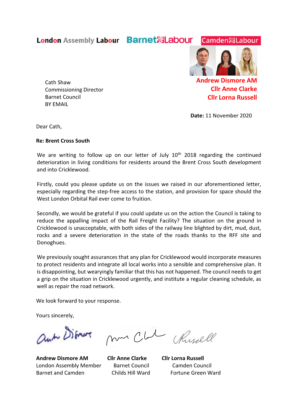 Letter to Cath Shaw on Brent Cross South November