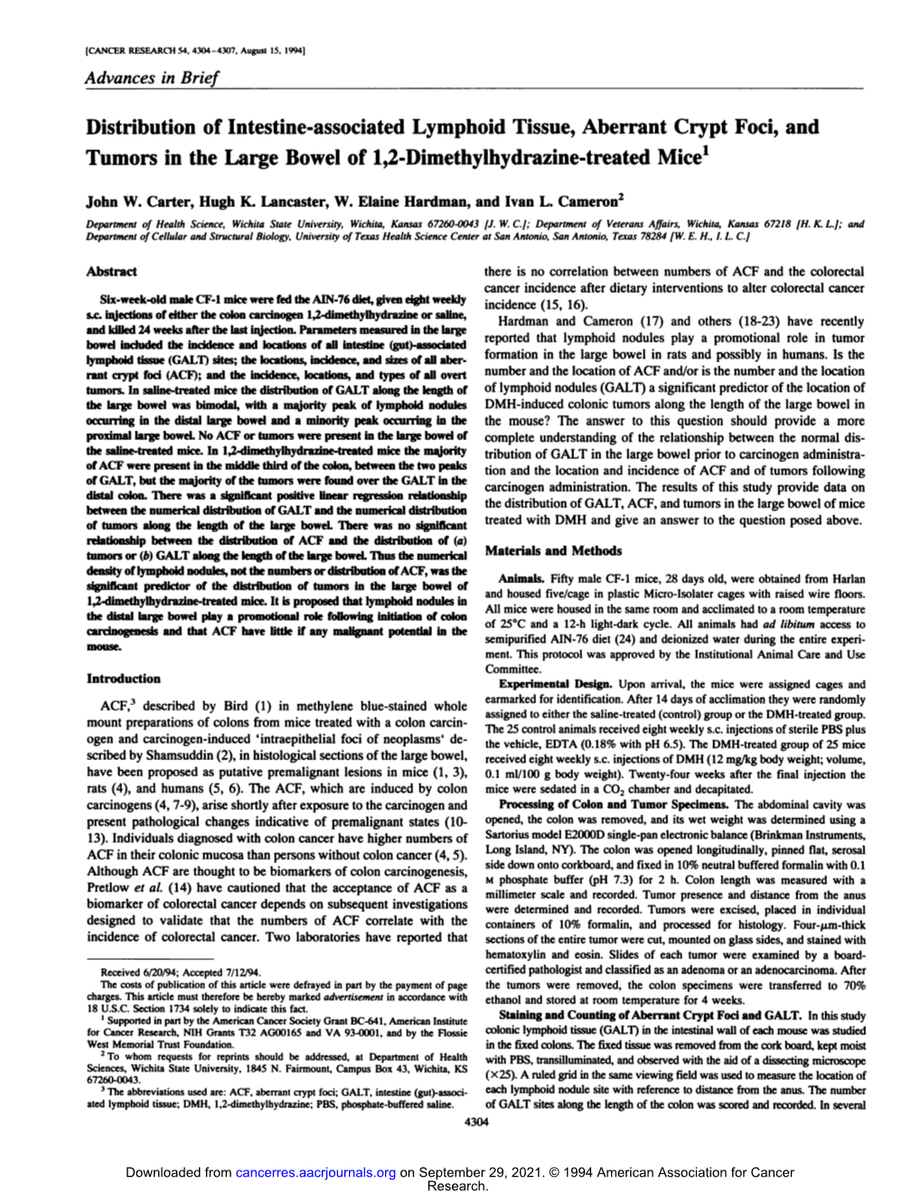 Distribution of Intestine-Associated Lymphoid Tissue, Aberrant Crypt Foci, and Tumors in the Large Bowel of 1,2-Dimethylhydrazine-Treated Mice1