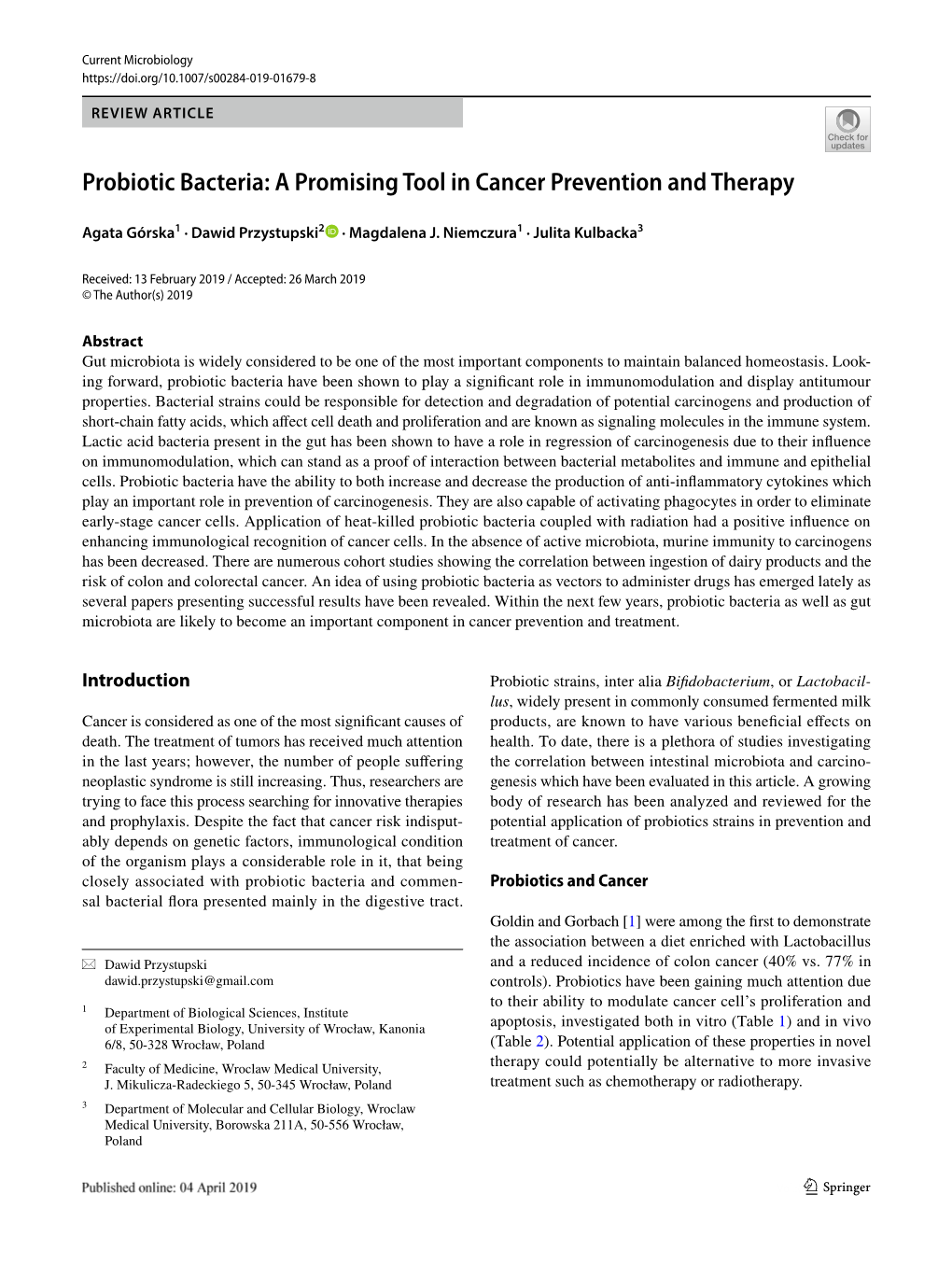 Probiotic Bacteria: a Promising Tool in Cancer Prevention and Therapy