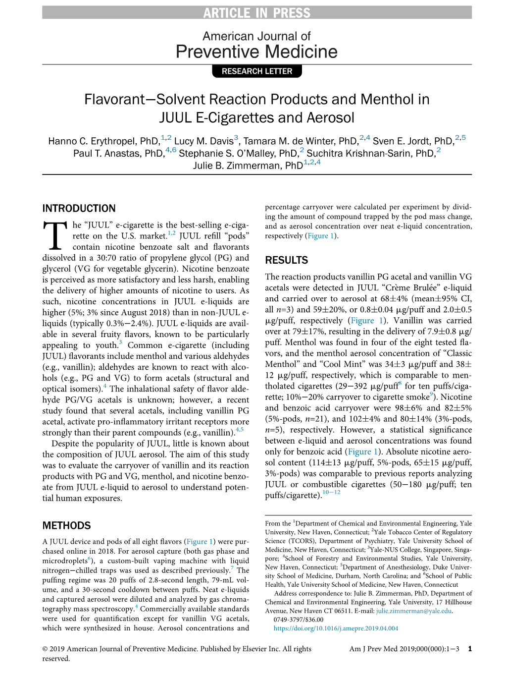 Flavorant–Solvent Reaction Products and Menthol in JUUL E-Cigarettes