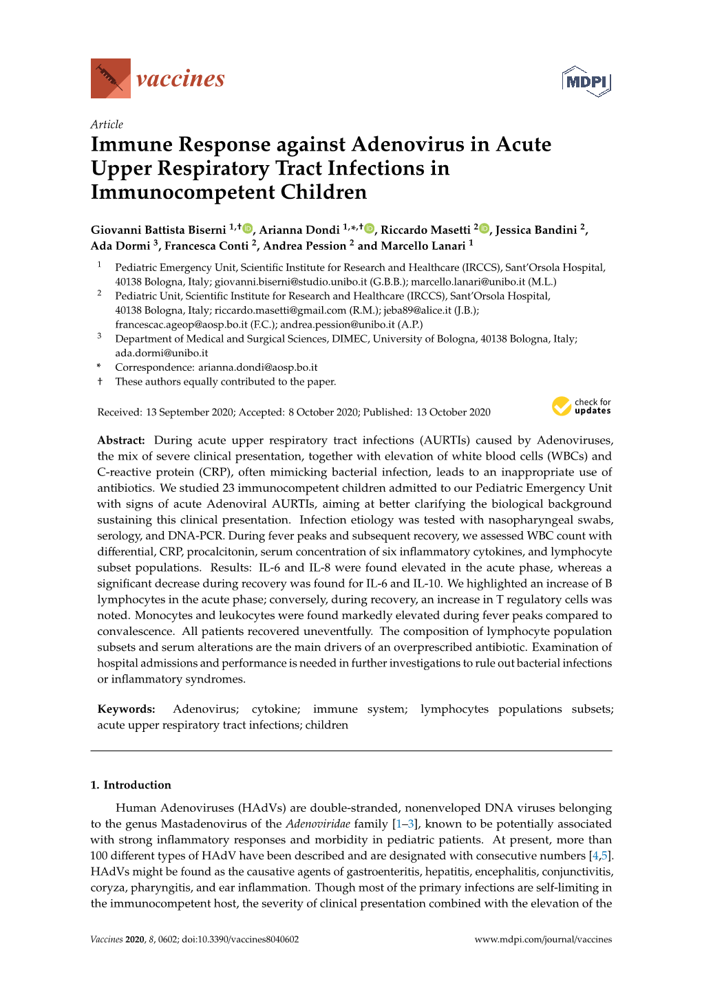 Immune Response Against Adenovirus in Acute Upper Respiratory Tract Infections in Immunocompetent Children