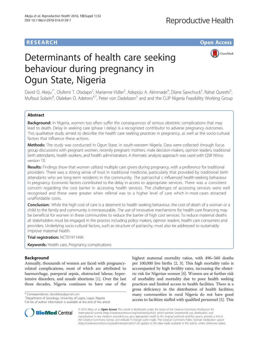 Determinants of Health Care Seeking Behaviour During Pregnancy in Ogun State, Nigeria David O