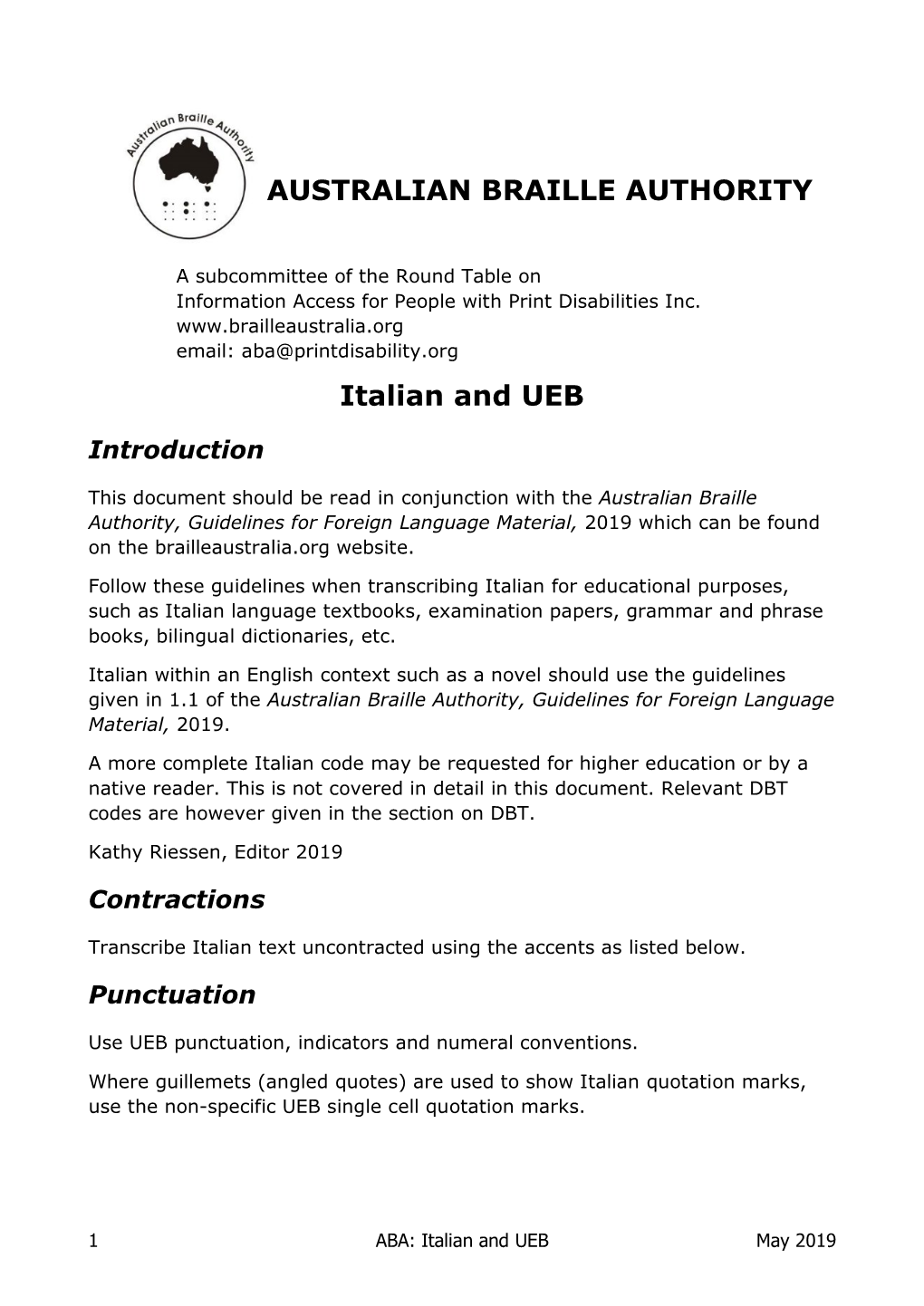 AUSTRALIAN BRAILLE AUTHORITY Italian And