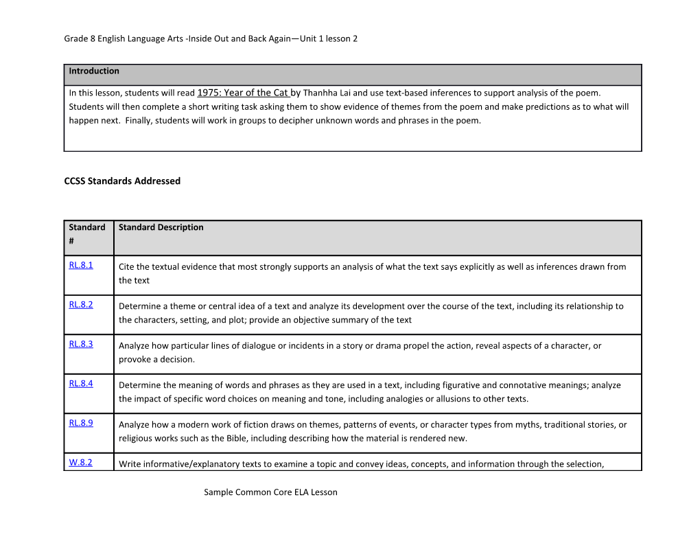 Grade 8 English Language Arts -Inside out and Back Again Unit 1 Lesson 2