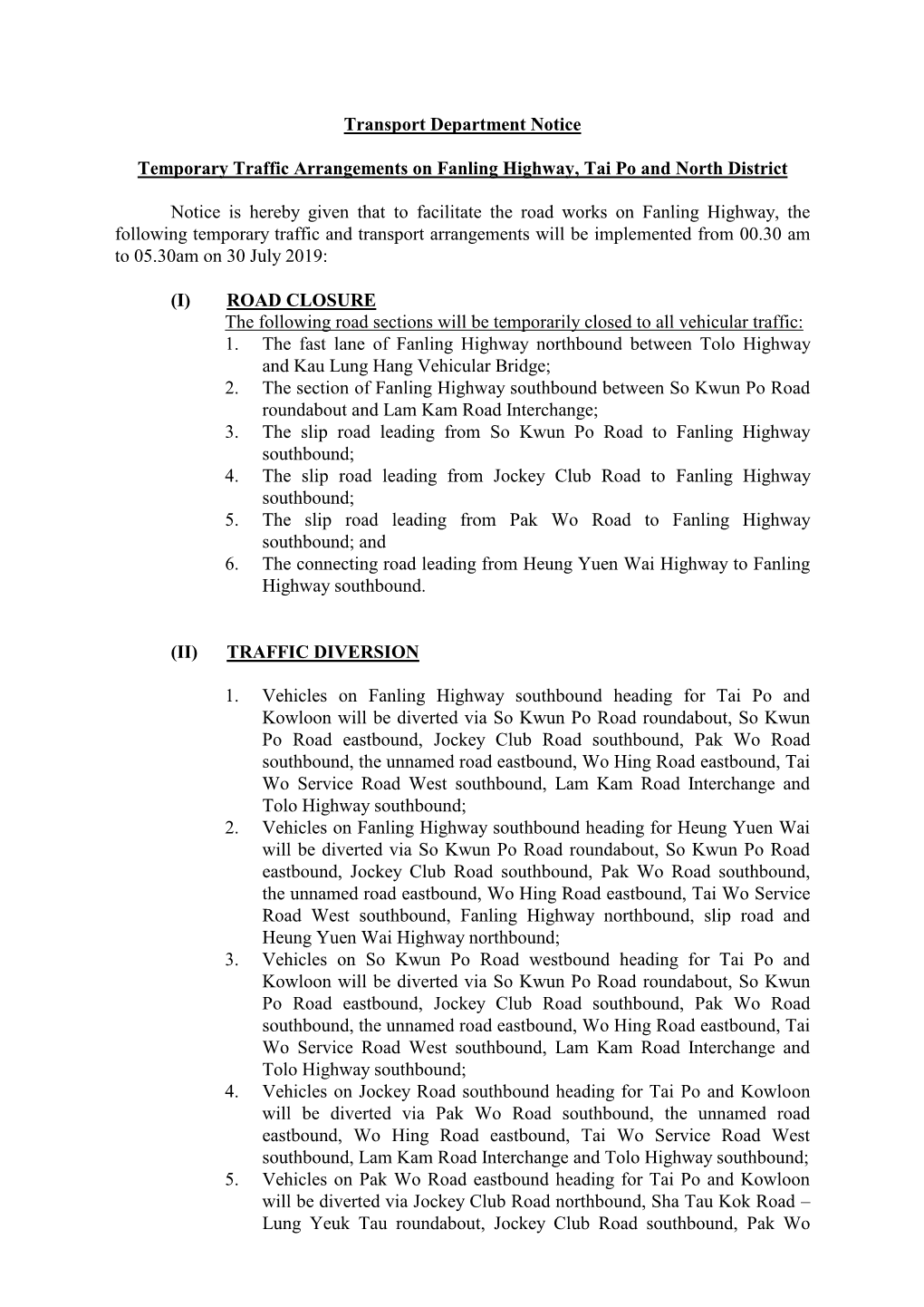 Temporary Traffic Arrangements on Fanling Highway, Tai Po and North District