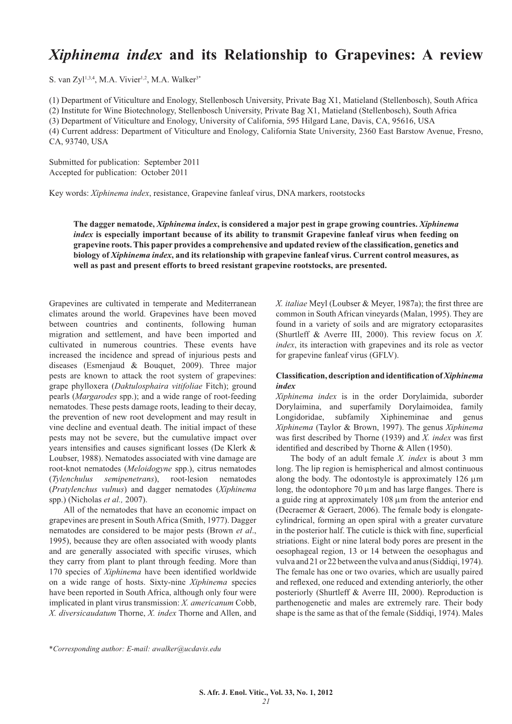 Xiphinema Index and Its Relationship to Grapevines: a Review