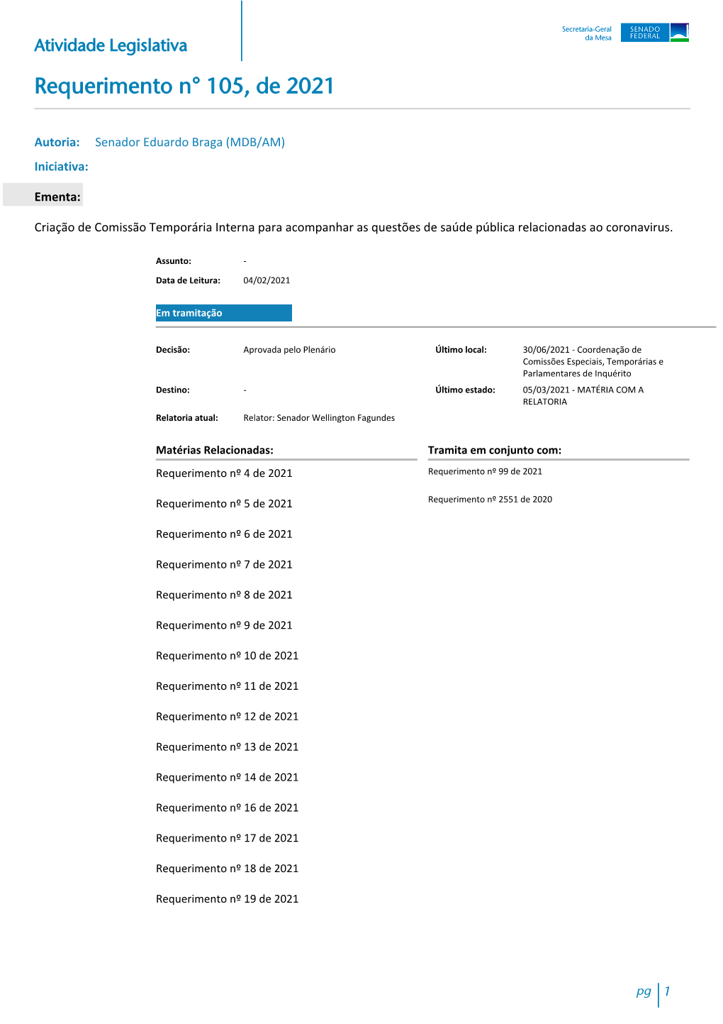 Atividade Legislativa Requerimento N° 105, De 2021