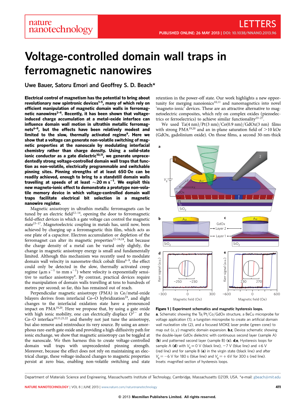 Voltage-Controlled Domain Wall Traps in Ferromagnetic Nanowires Uwe Bauer, Satoru Emori and Geoffrey S