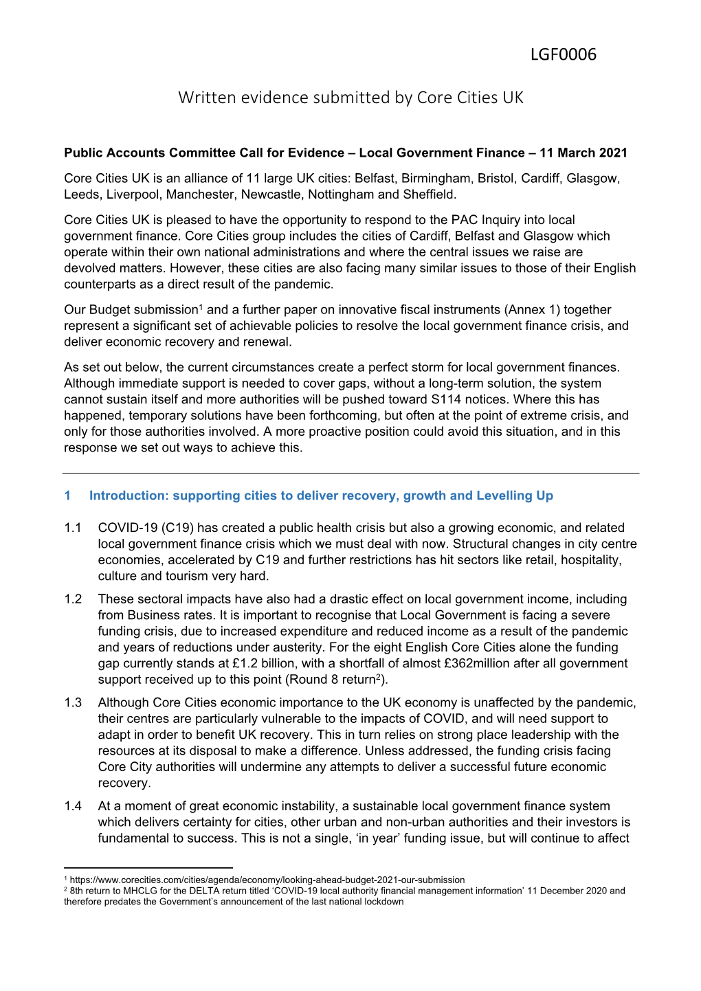 LGF0006 Written Evidence Submitted by Core Cities UK