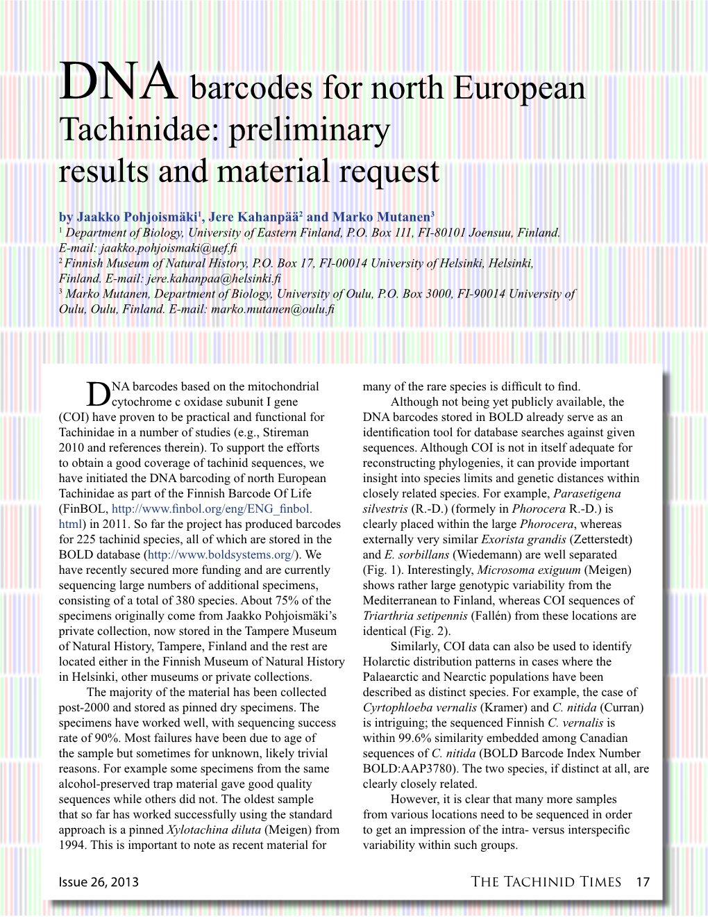 DNA Barcodes for North European Tachinidae: Preliminary Results And