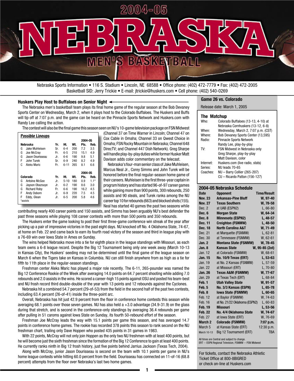 1 Huskers Play Host to Buffaloes on Senior Night