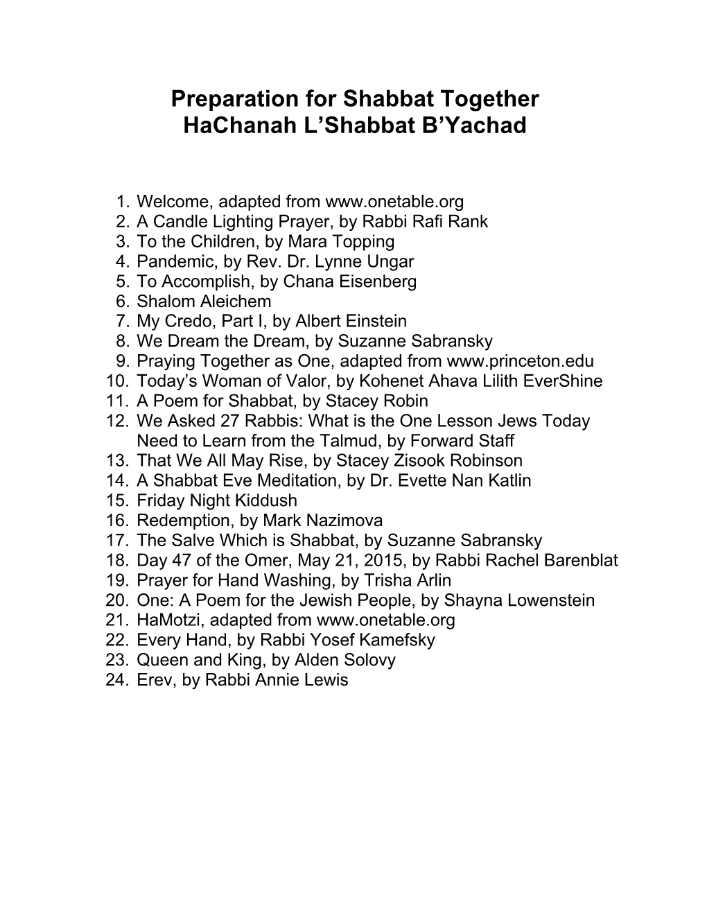 Hachanah L'shabbat B'yachad Readings