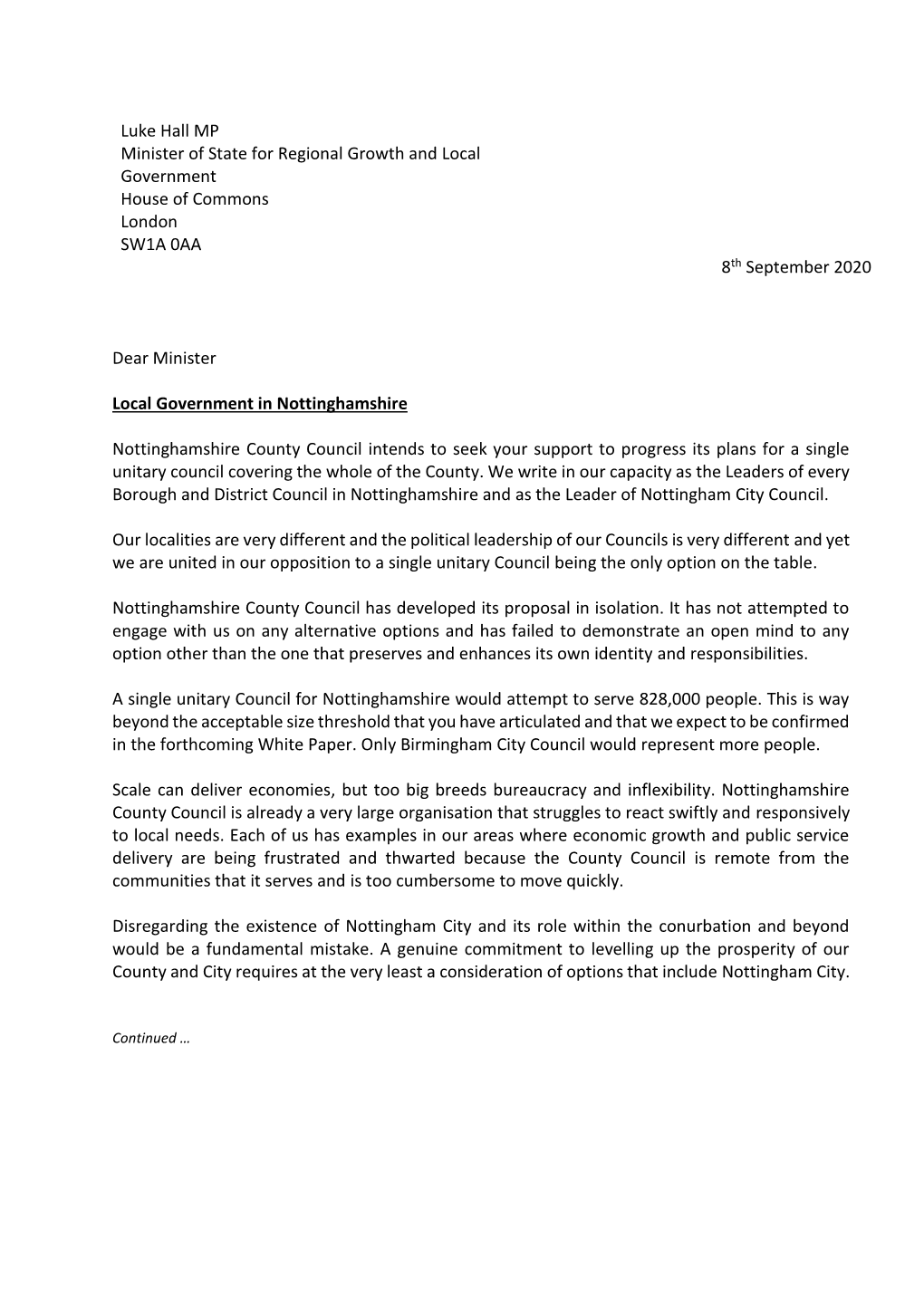 Luke Hall MP Minister of State for Regional Growth and Local Government House of Commons London SW1A 0AA 8Th September 2020 Dear