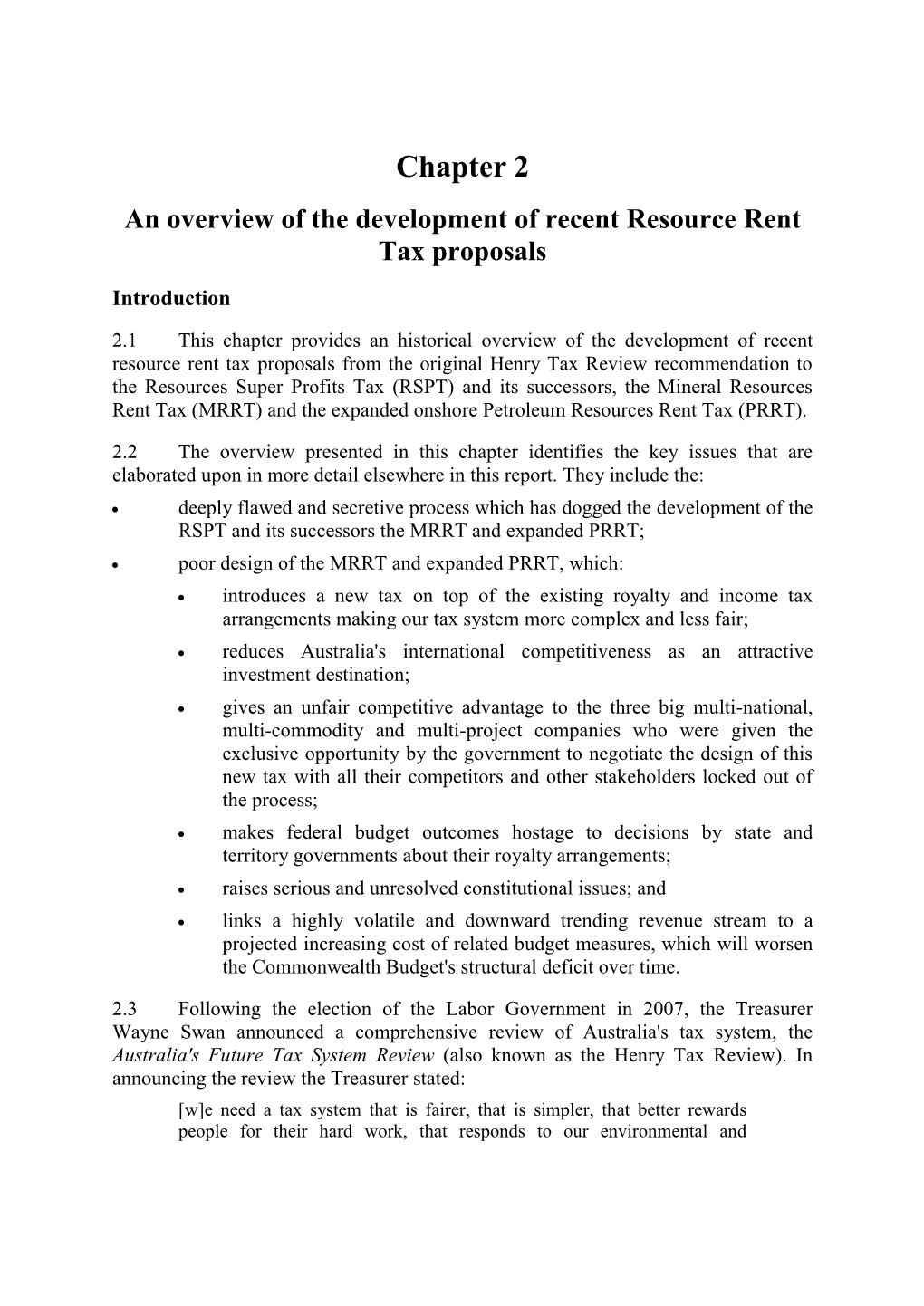 An Overview of the Development of Recent Resource Rent Tax Proposals Introduction