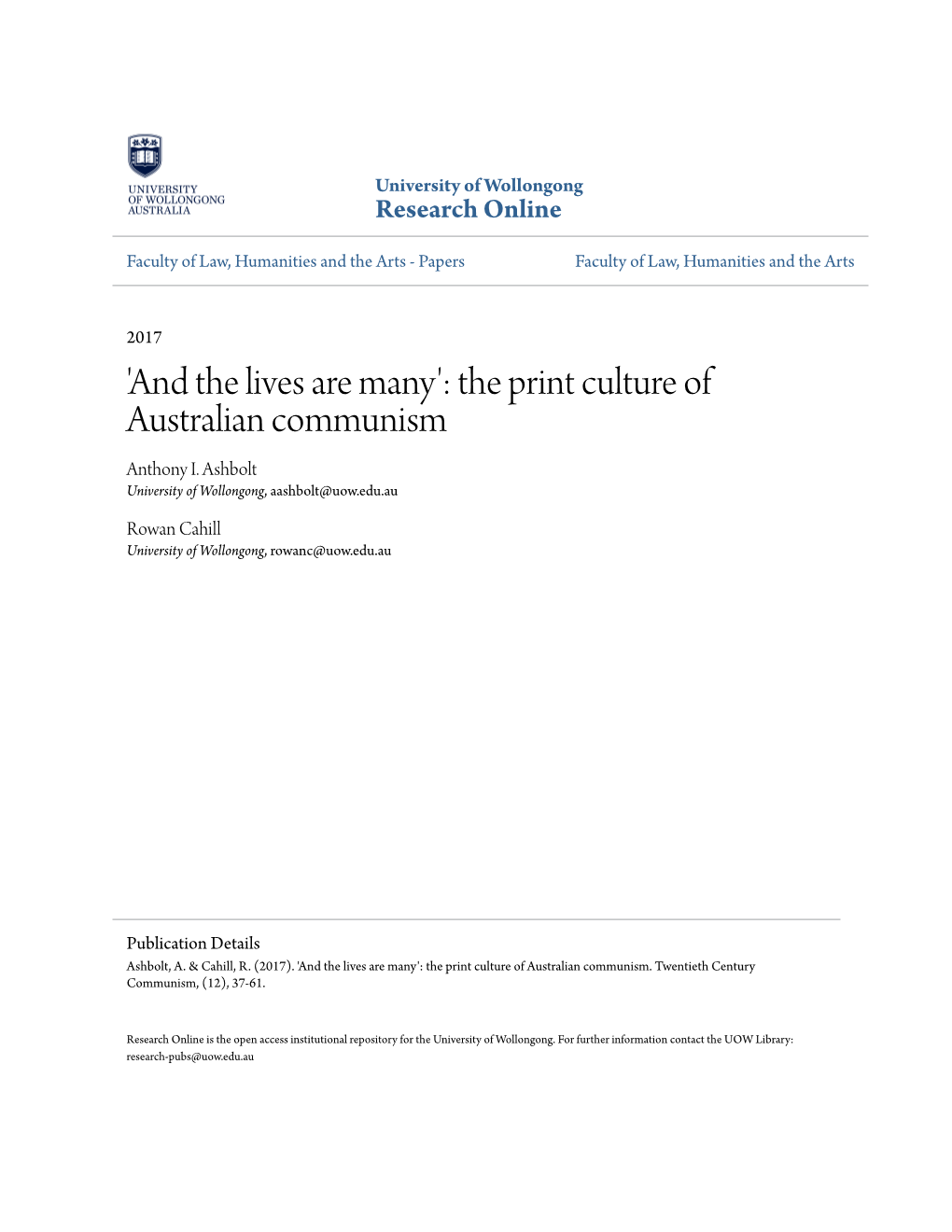 The Print Culture of Australian Communism Anthony I