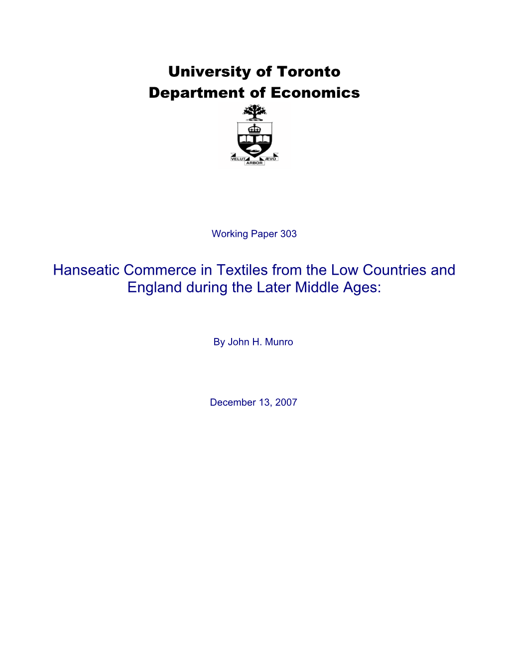 University of Toronto Department of Economics Hanseatic Commerce In