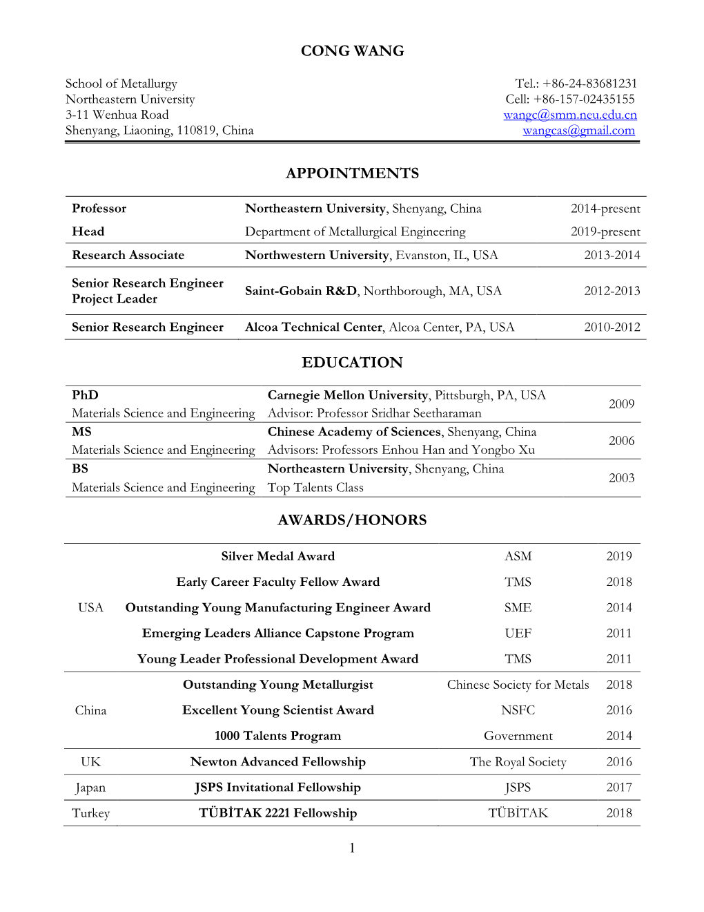 Cong Wang Appointments Education Awards/Honors