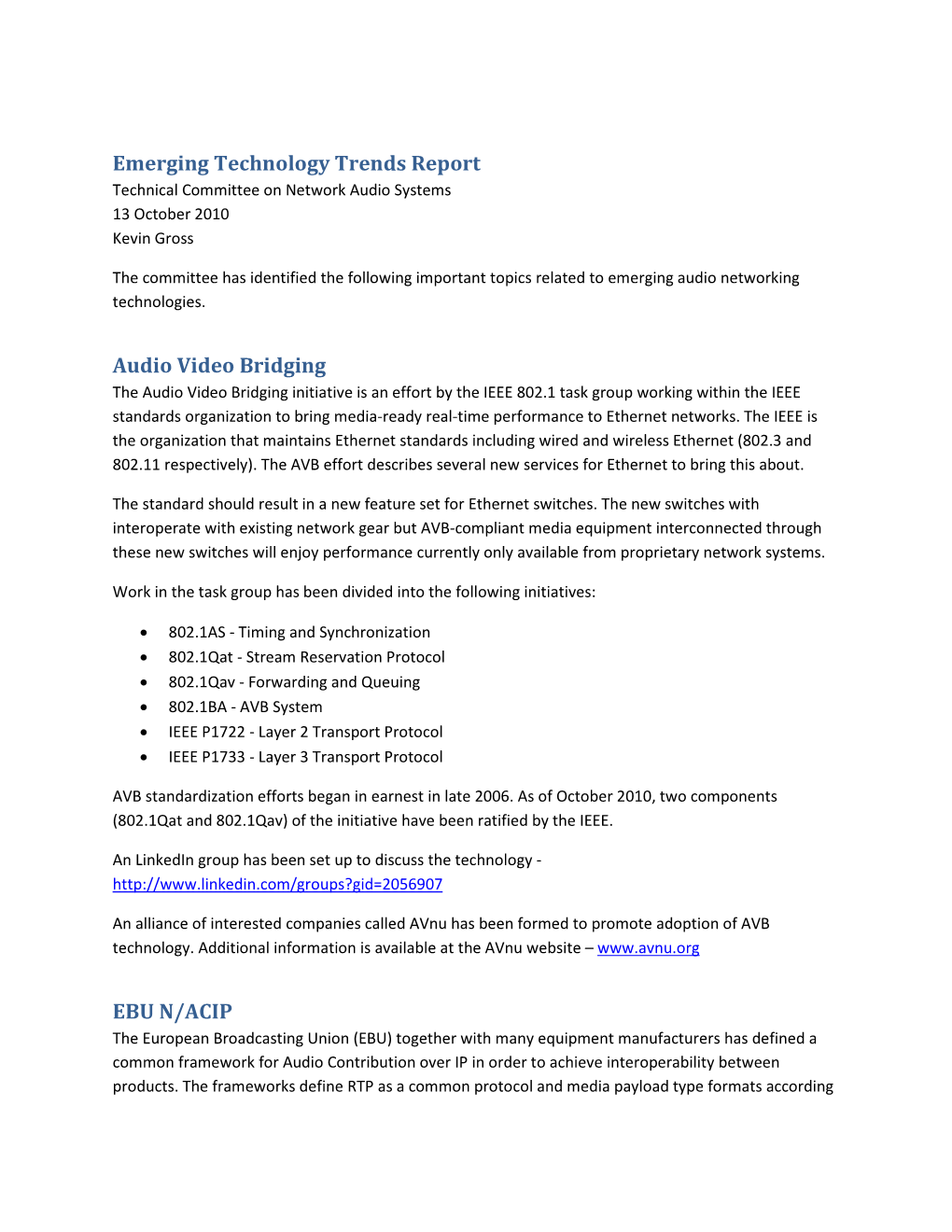 Emerging Technology Trends Report Audio Video Bridging EBU N/ACIP