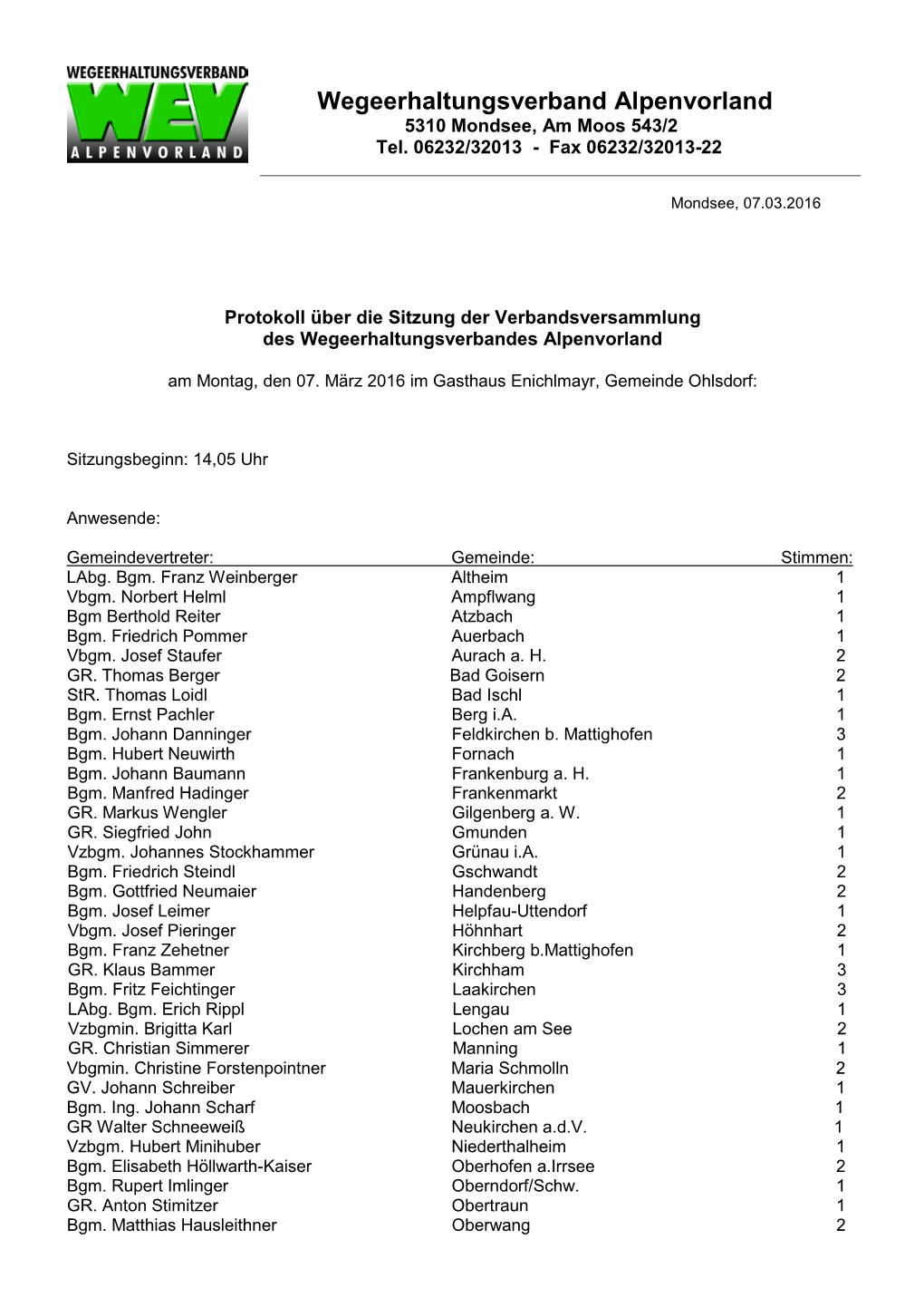 Verhandlungsschrift Verbandsversammlung 7.3.2016