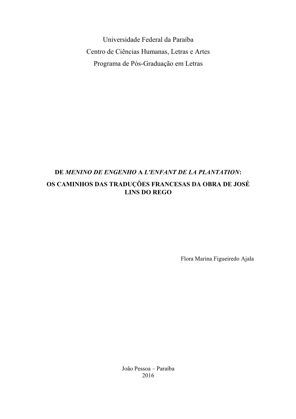 Universidade Federal Da Paraíba Centro De Ciências Humanas, Letras E Artes Programa De Pós-Graduação Em Letras