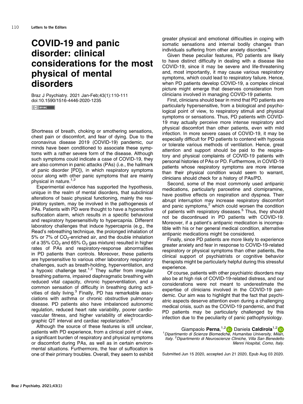 COVID-19 and Panic Disorder: Clinical Considerations for the Most Physical