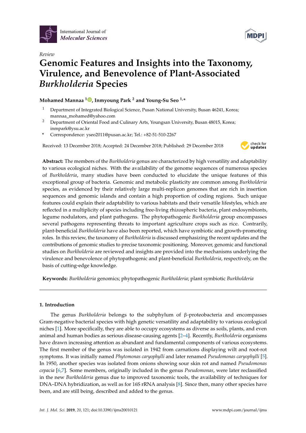 Genomic Features and Insights Into the Taxonomy, Virulence, and Benevolence of Plant-Associated Burkholderia Species