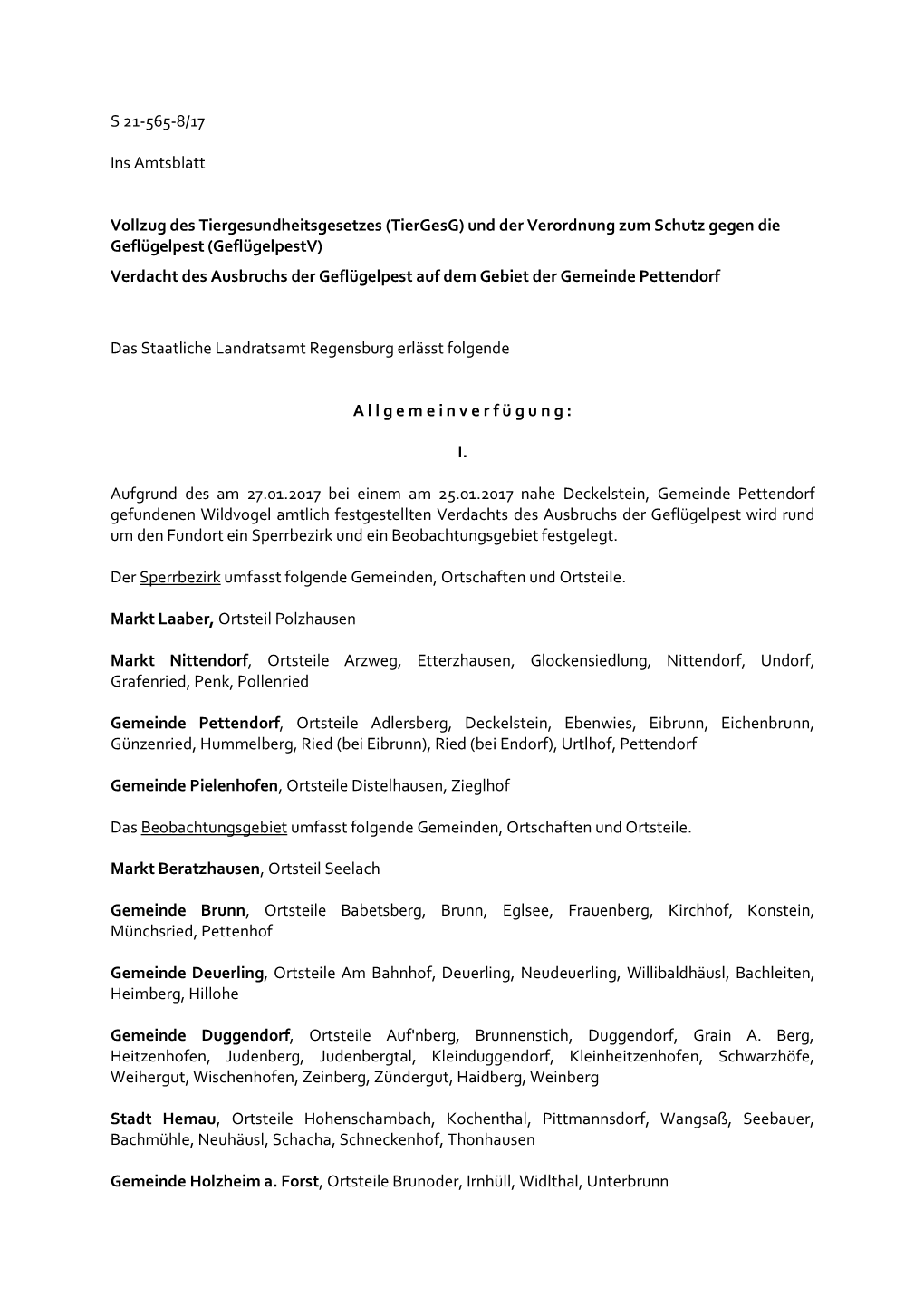 (Tiergesg) Und Der Verordnung Zum Schutz Gegen Die Geflügelpest (Geflügelpestv) Verdacht Des Ausbruchs Der Geflügelpest Auf Dem Gebiet Der Gemeinde Pettendorf