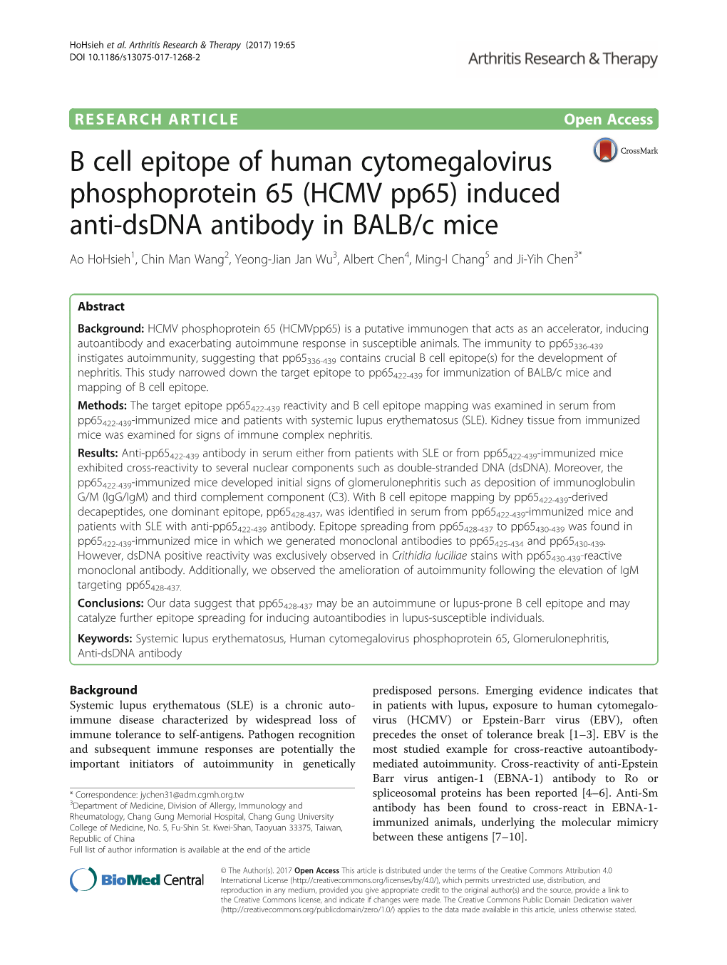 (HCMV Pp65) Induced Anti-Dsdna Antibody in BALB/C Mice Ao Hohsieh1, Chin Man Wang2, Yeong-Jian Jan Wu3, Albert Chen4, Ming-I Chang5 and Ji-Yih Chen3*