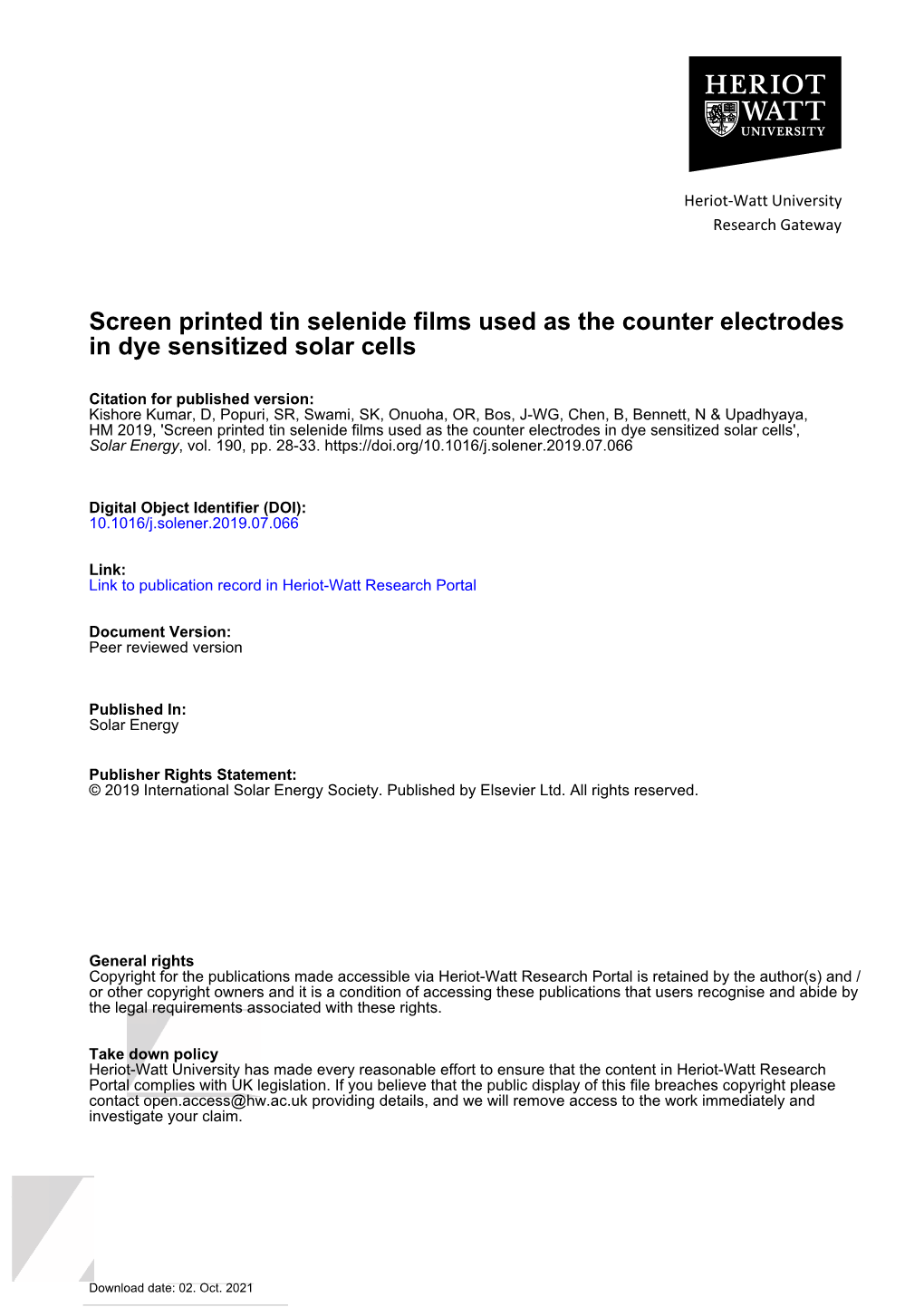 Screen Printed Tin Selenide Films Used As the Counter Electrodes in Dye Sensitized Solar Cells