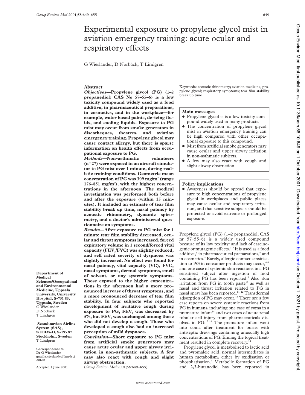 Experimental Exposure to Propylene Glycol Mist in Aviation Emergency Training: Acute Ocular and Respiratory Evects