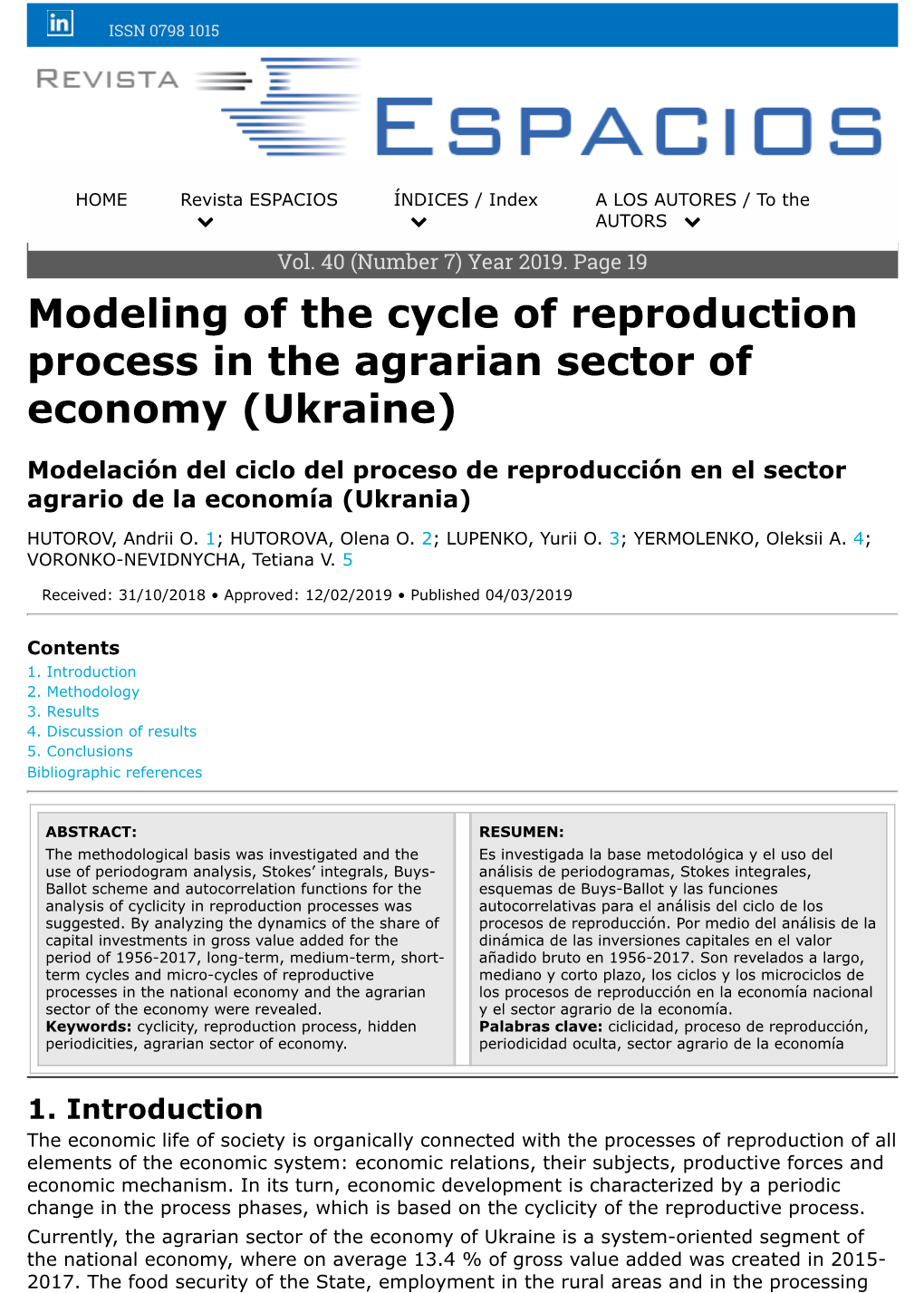 Modeling of the Cycle of Reproduction Process in the Agrarian Sector of Economy (Ukraine)