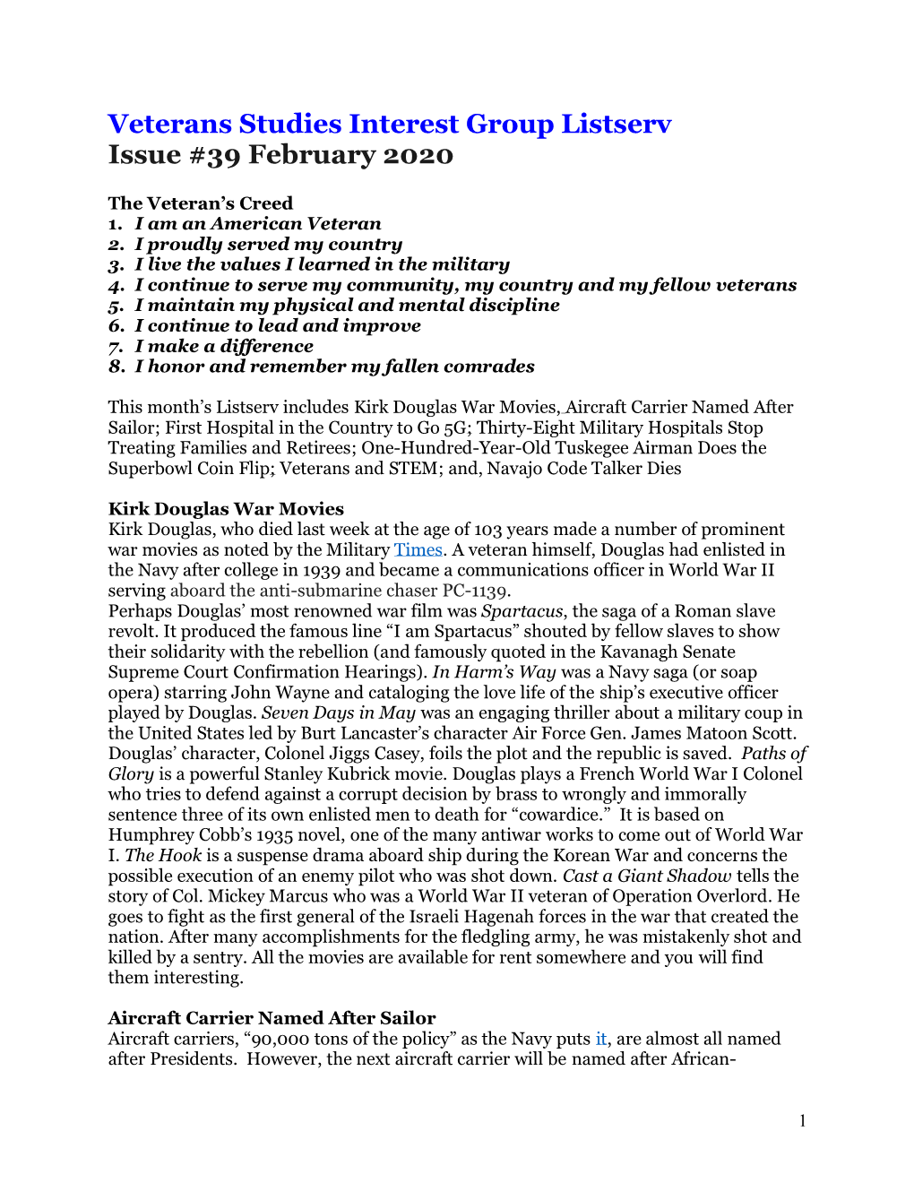 Veterans Studies Interest Group Listserv Issue #39 February 2020