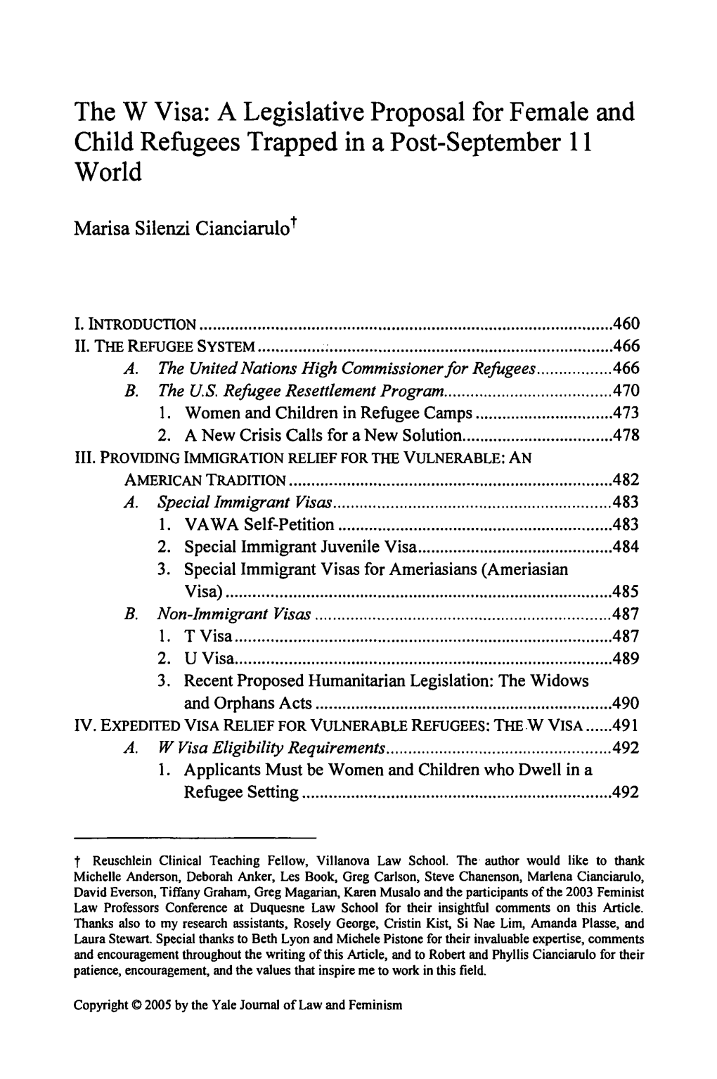 The W Visa: a Legislative Proposal for Female and Child Refugees Trapped in a Post-September 11 World