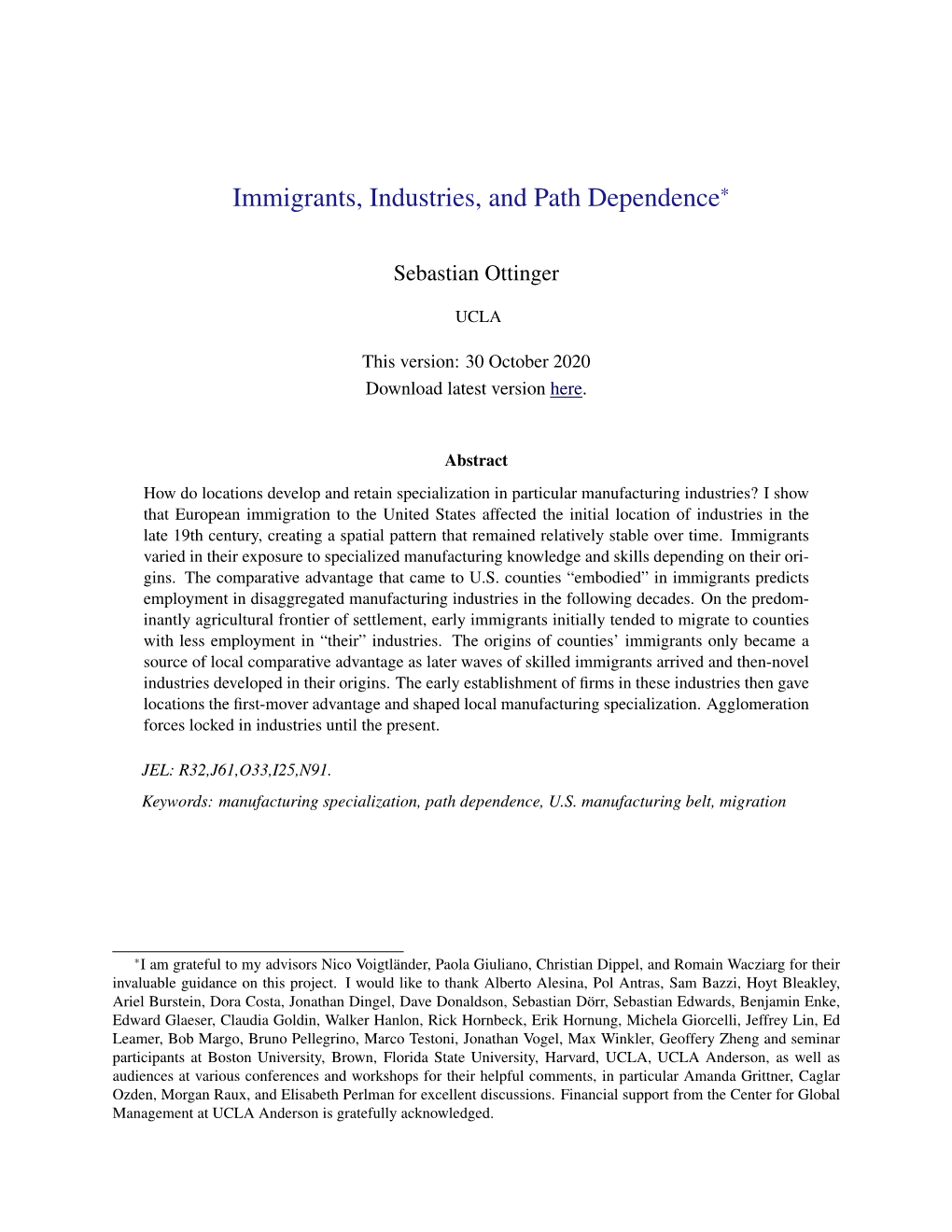 Immigrants, Industries, and Path Dependence*