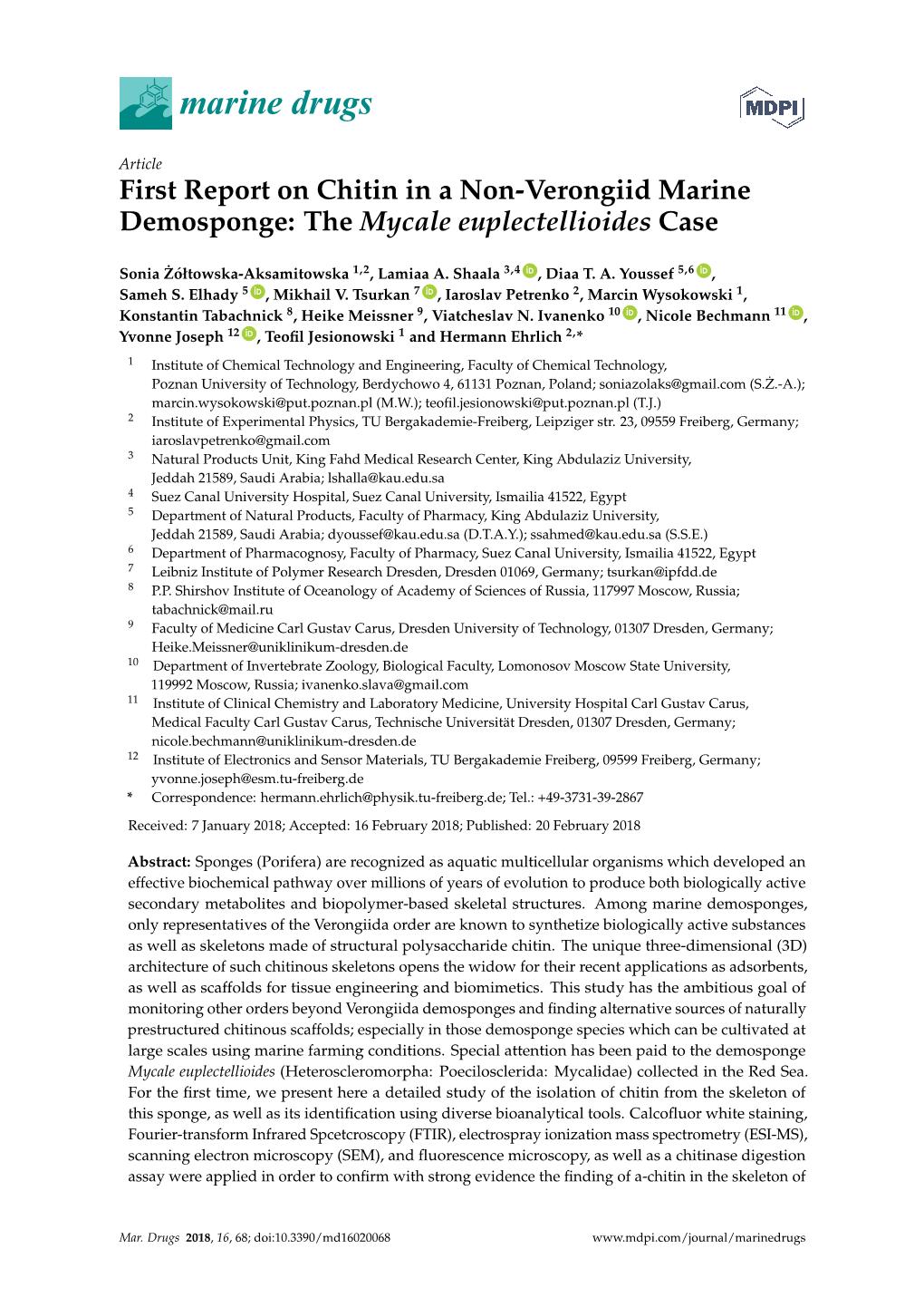 First Report on Chitin in a Non-Verongiid Marine Demosponge: the Mycale Euplectellioides Case