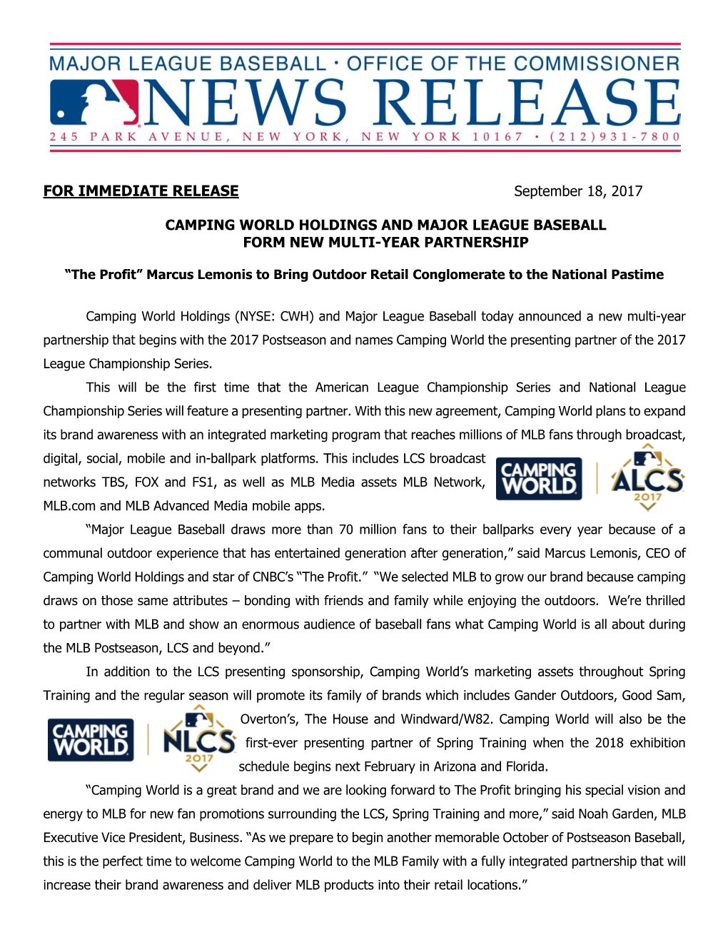 Camping World Holdings and Major League Baseball Form New Multi-Year Partnership