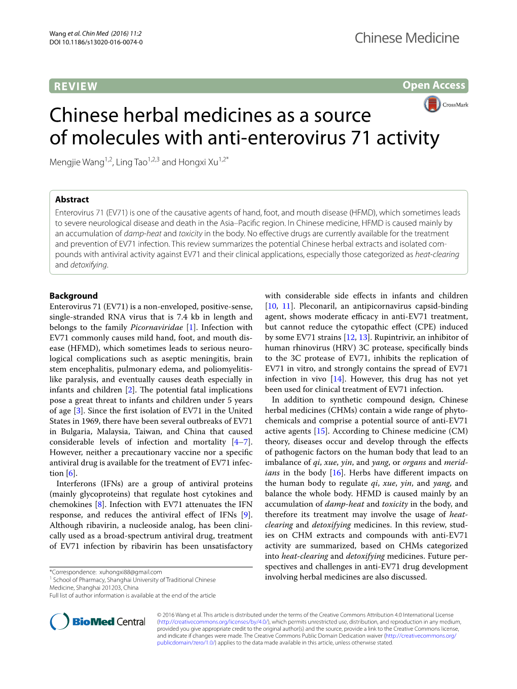 Chinese Herbal Medicines As a Source of Molecules with Anti-Enterovirus